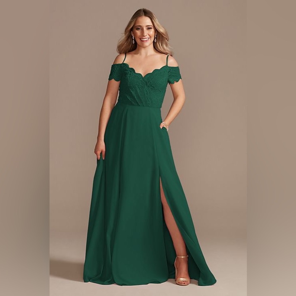 Lace chiffon off-shoulder long bridesmaid dress David’s Bridal NWT